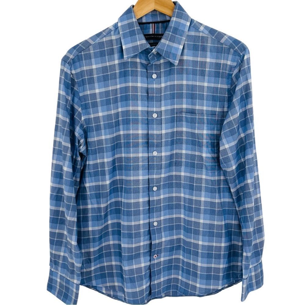 Tommy Hilfiger blue plaid all season stretch dress shirt size medium